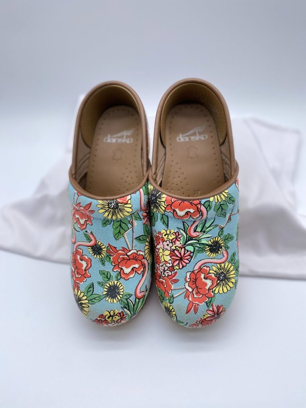 Dansko Jute Pro Flamingo Tropical Blue Canvas Clogs EU 37 - Picture 2 of 10